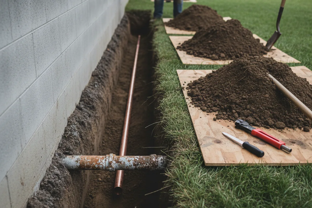 Excavated water line trench during Water Softener Installation in Forest Park